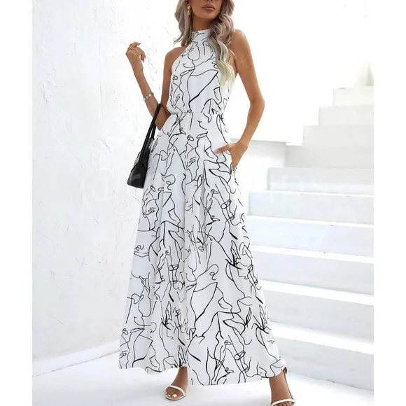 Abstract Print Black on White Long Wide Leg Halter Jumpsuit - Picture 1 of 7